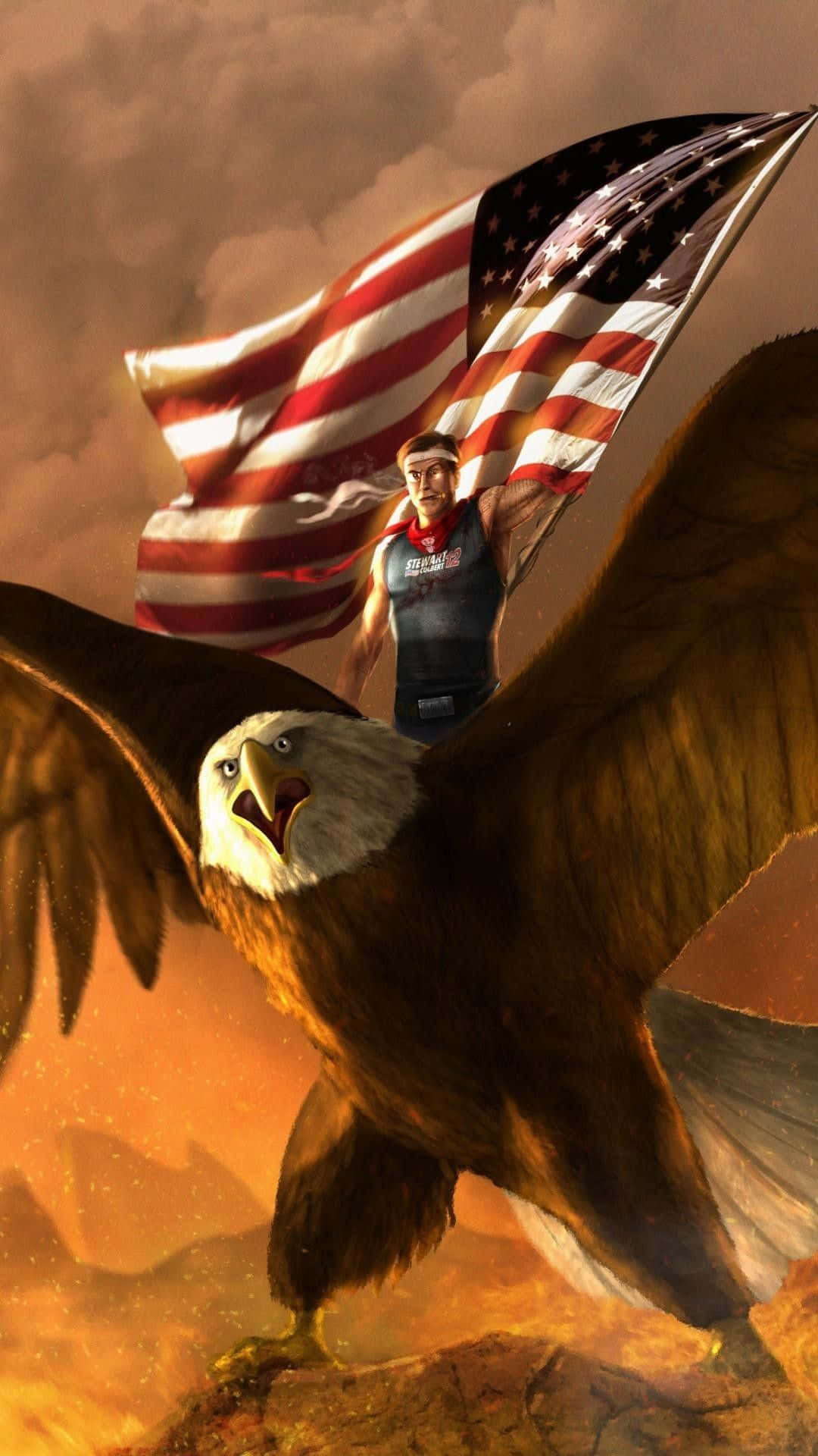 Unhombre Está Montando Un Águila Con Una Bandera Estadounidense. Fondo de pantalla