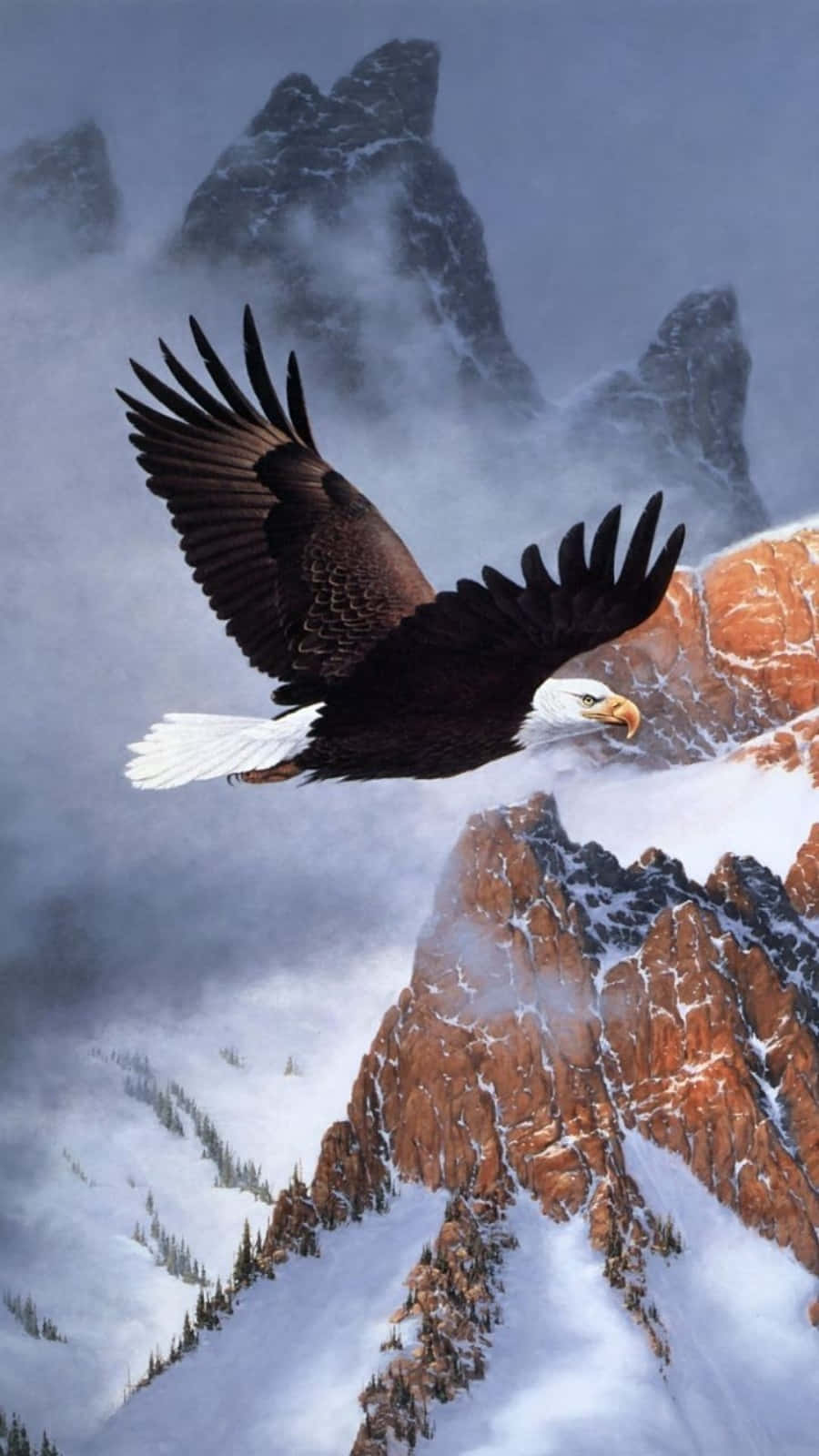A Painting Of An Eagle Flying Over A Mountain Wallpaper