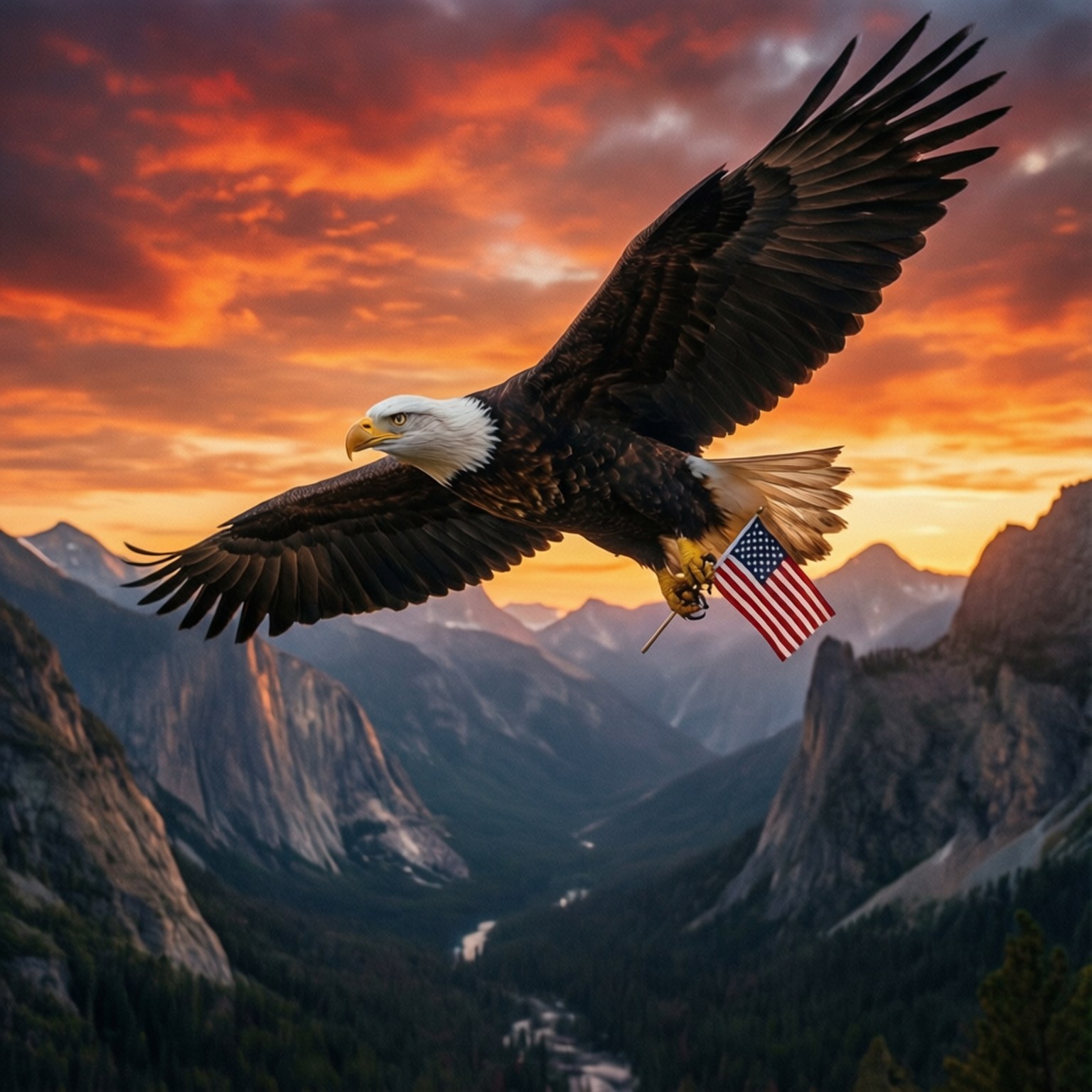 A bald eagle flies with an American flag against a dramatic sunset.