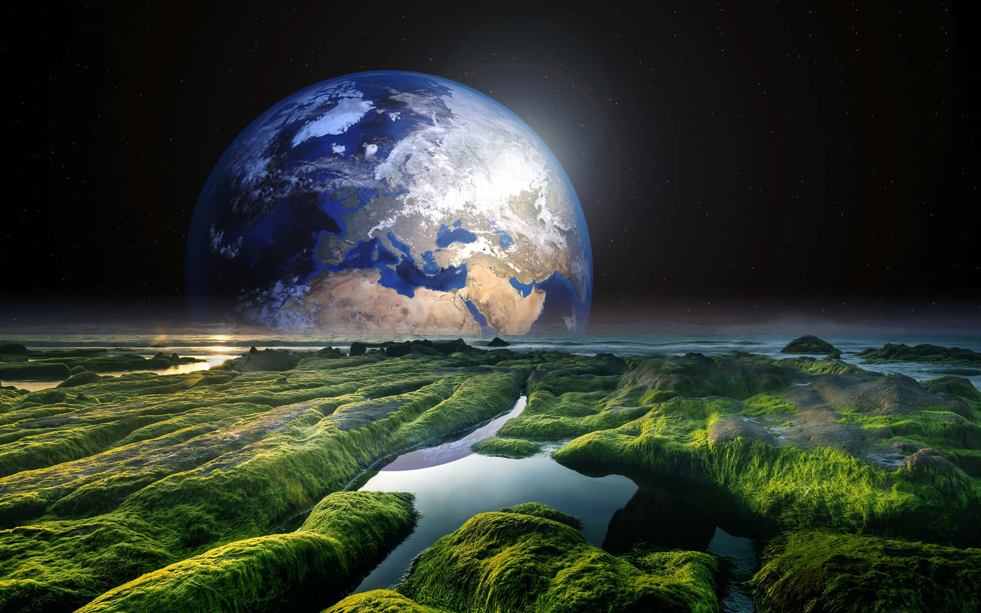 Green Land Against Earth Fantasy Art Background
