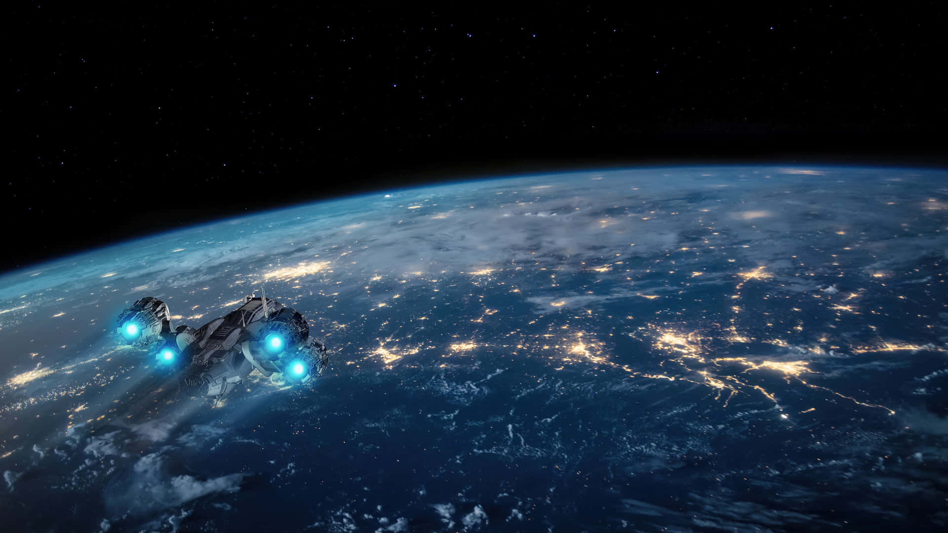 Spaceship Flying Over Earth Background