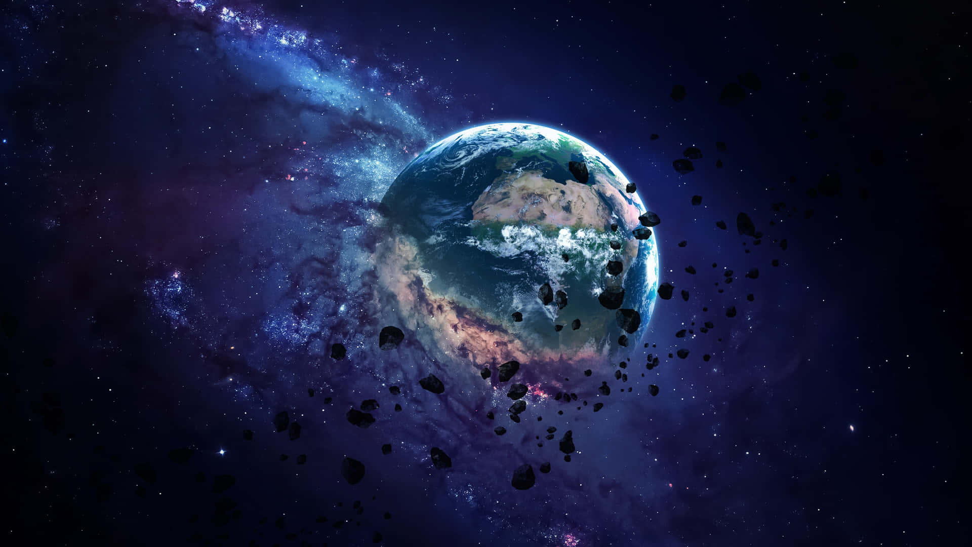 Sfondodi Terra Apocalittica Circondata Da Asteroidi