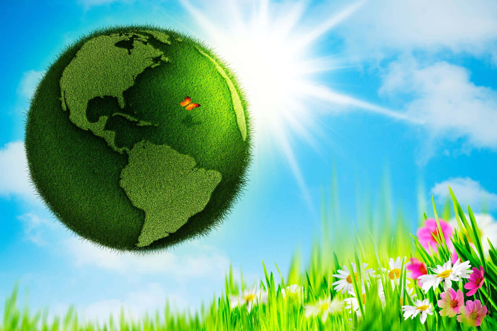 A Green Globe In The Grass With Flowers