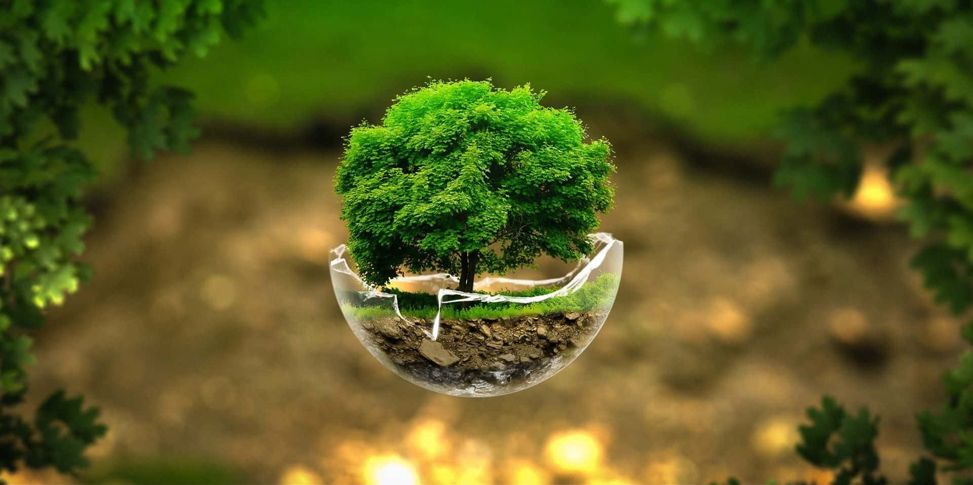 A Tree In A Glass Bowl With Grass And Dirt