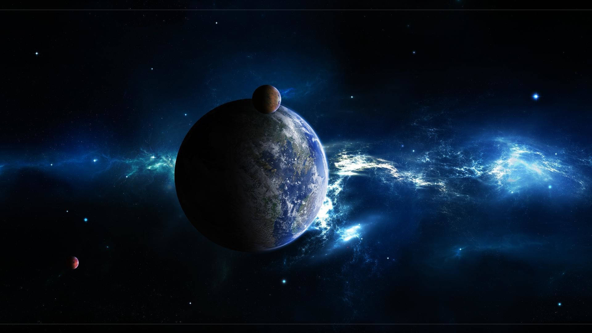 Tierra,luna Y Espacio Con Luz Azul Para Pc Fondo de pantalla