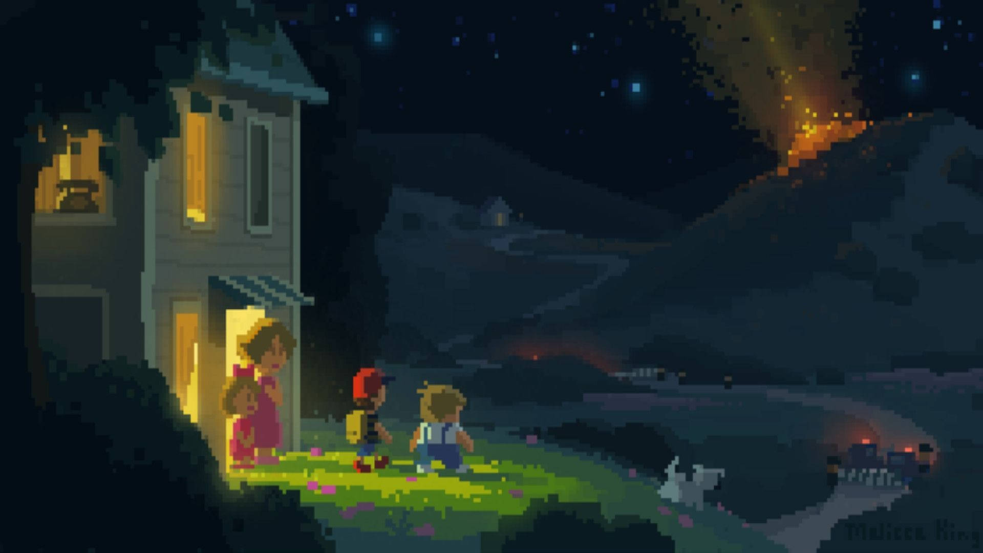 A comet makes a stunning appearance in the mountain range of Earthbound. Wallpaper