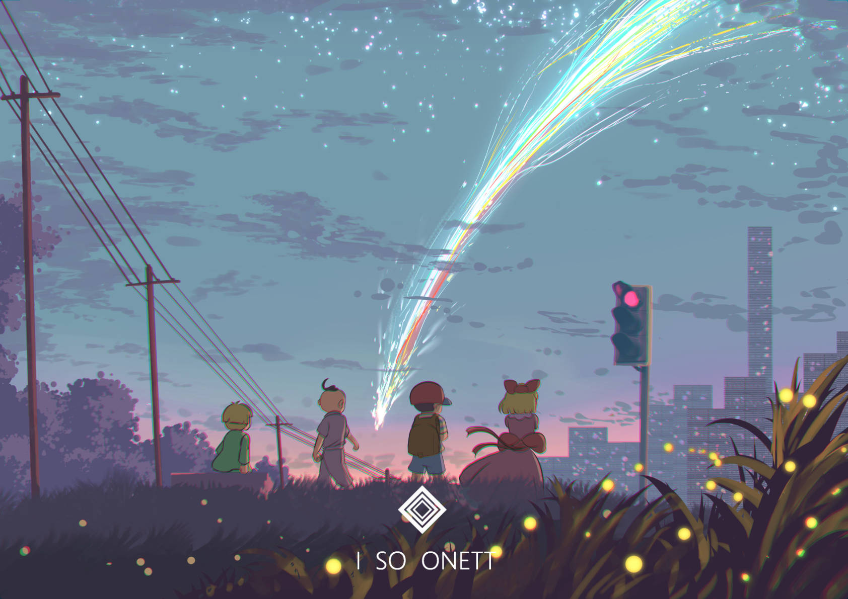 Surreal Urban Scene of Earthbound with Comets Wallpaper