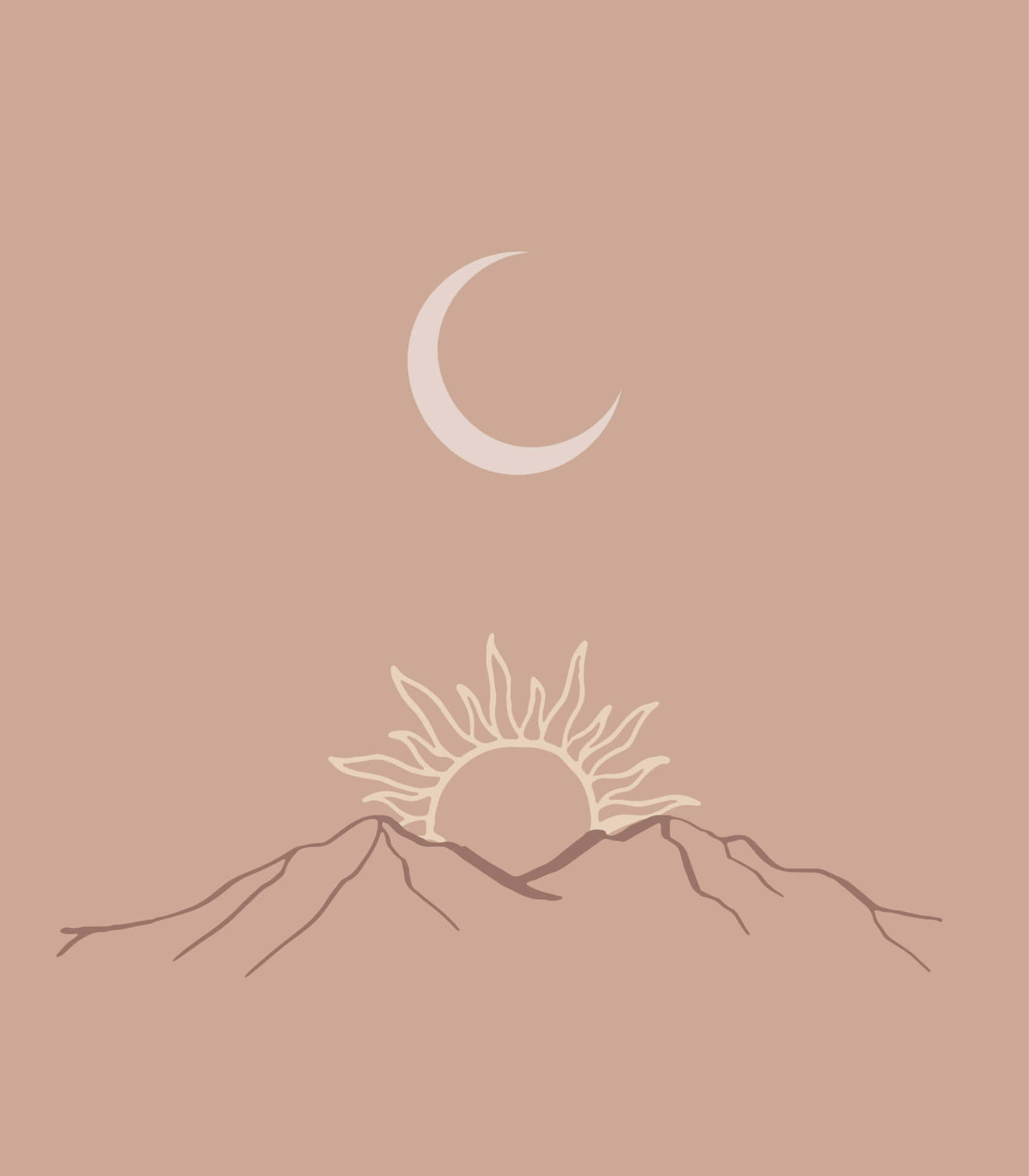 Earthy Mountain Sun Moon Art Wallpaper