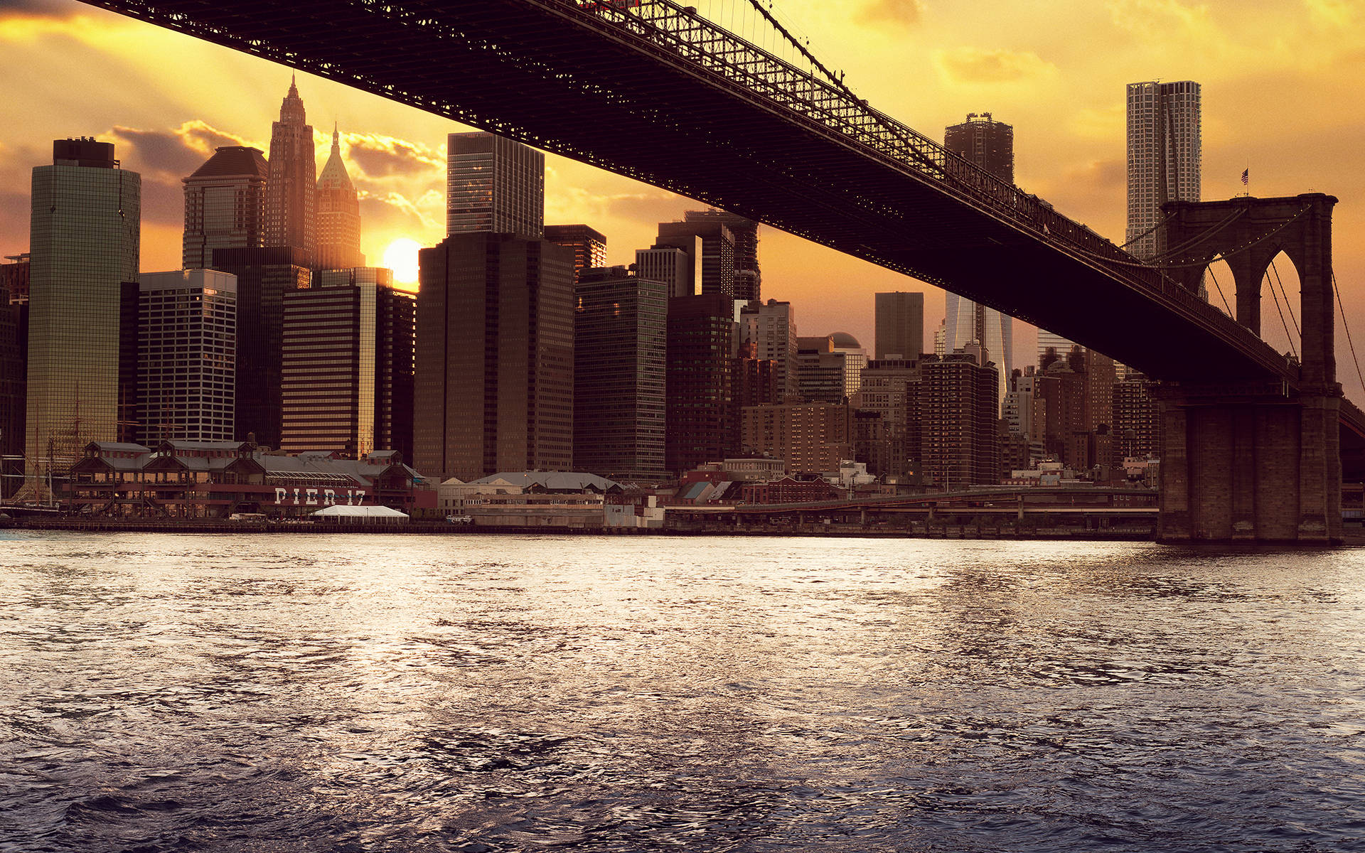 Østfloden Og Brooklyn Bridge Ved Solnedgang Wallpaper