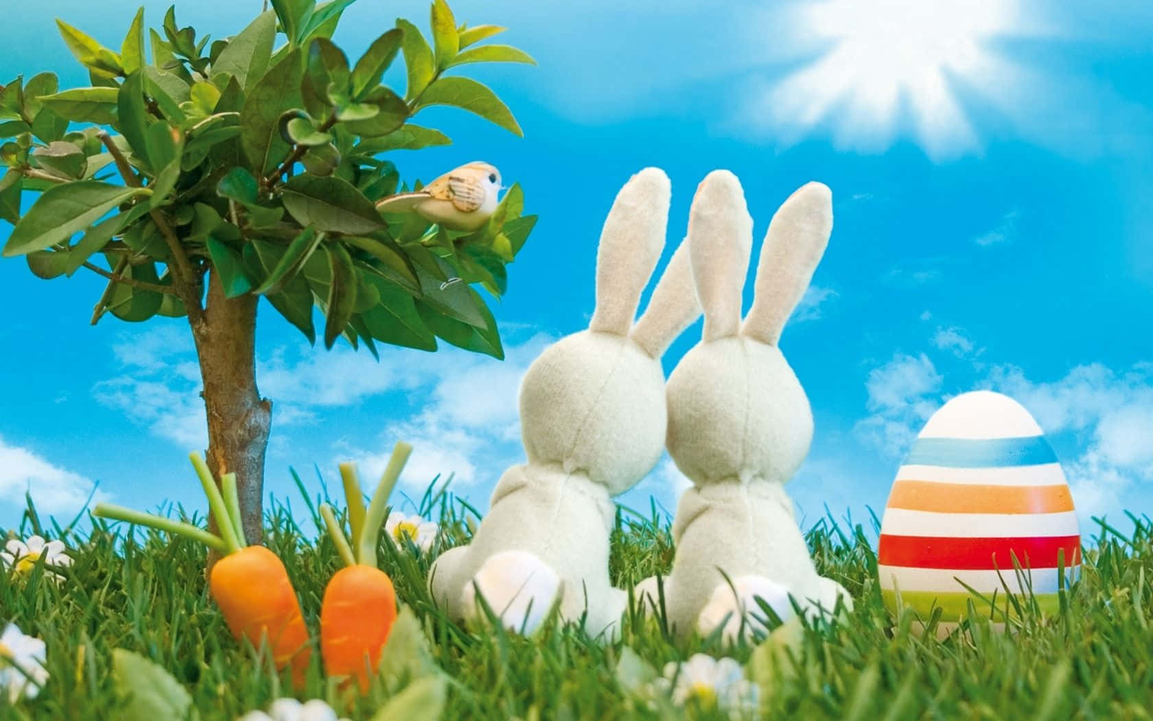 White Bunnies And Easter Egg Background