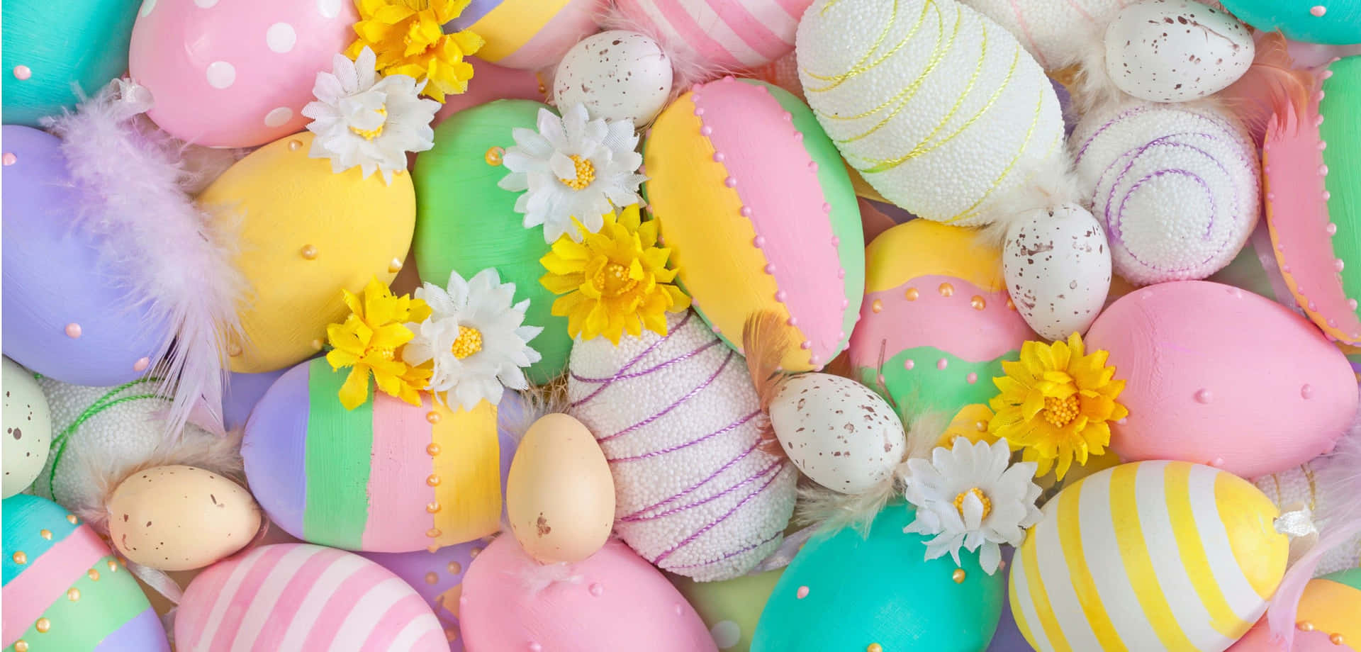 Easter Eggs With Yellow White Flowers Background