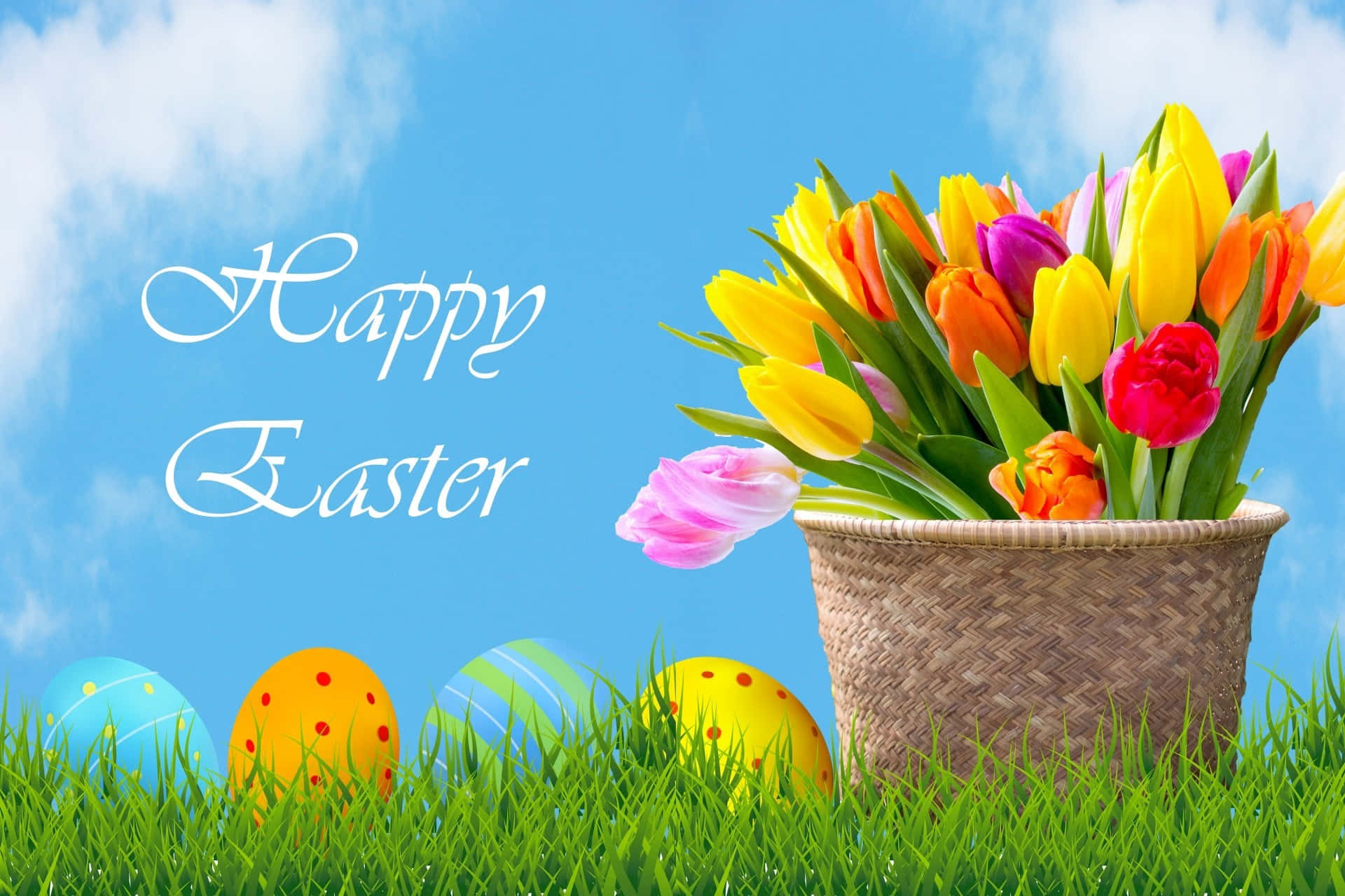 Easter Eggs And Tulip Flowers Background