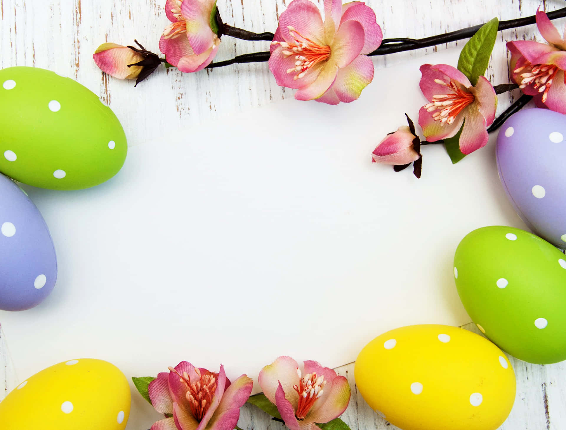 Easter Eggs And Pink Flowers Background