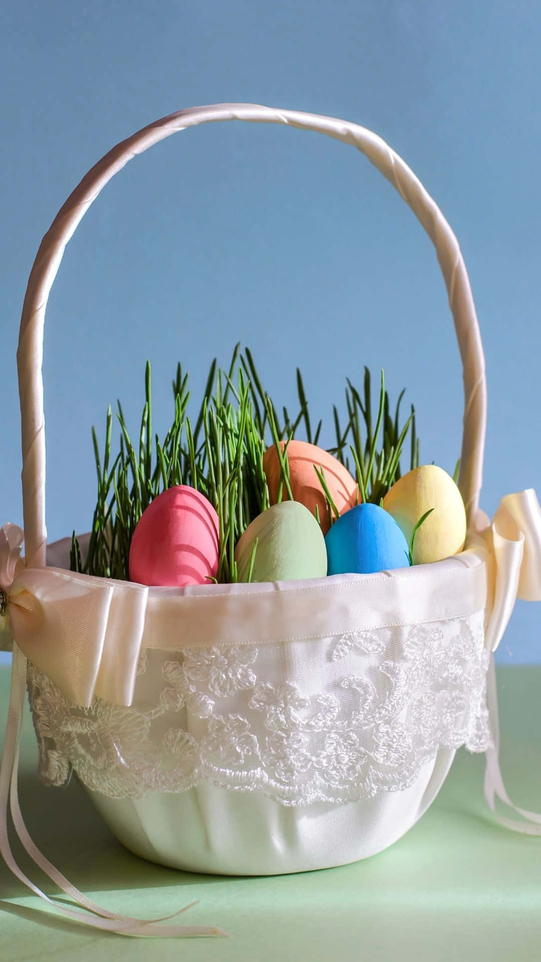 Easter Basket With Colored Eggs And Grass Wallpaper