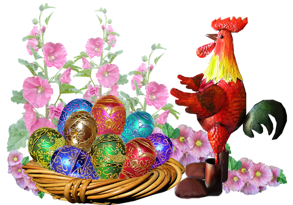 Easter Basketand Roosterwith Decorated Eggs PNG