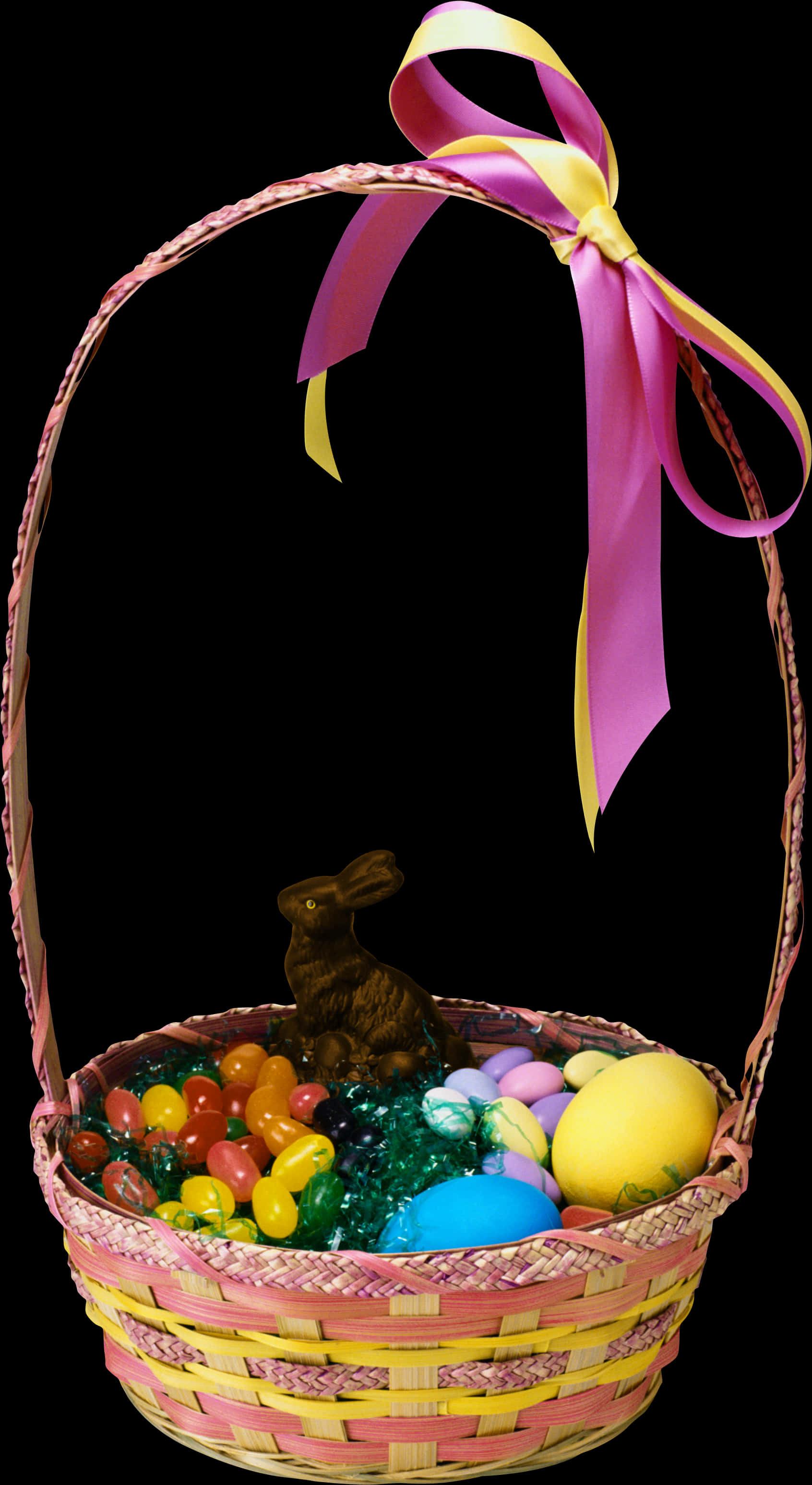 Easter Basketwith Chocolate Bunnyand Colorful Eggs PNG