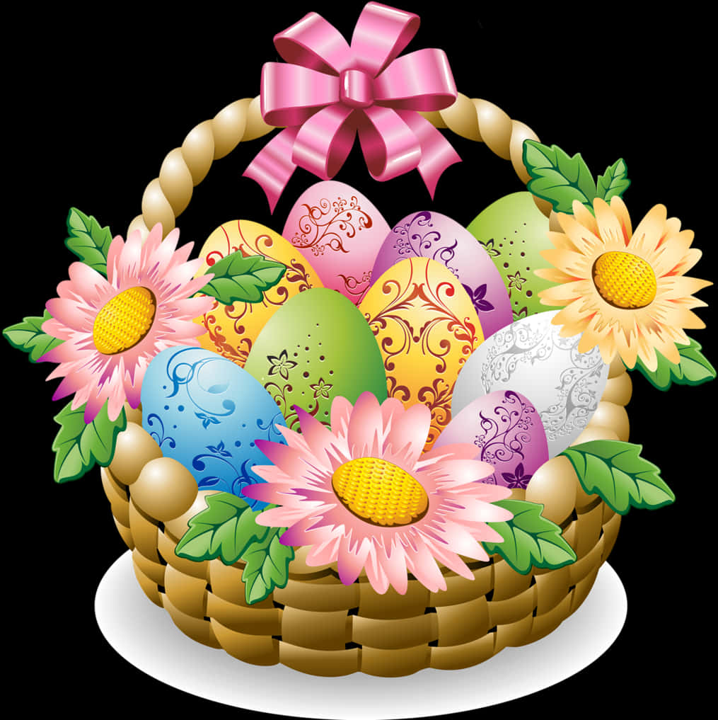 Easter Basketwith Decorated Eggsand Flowers PNG