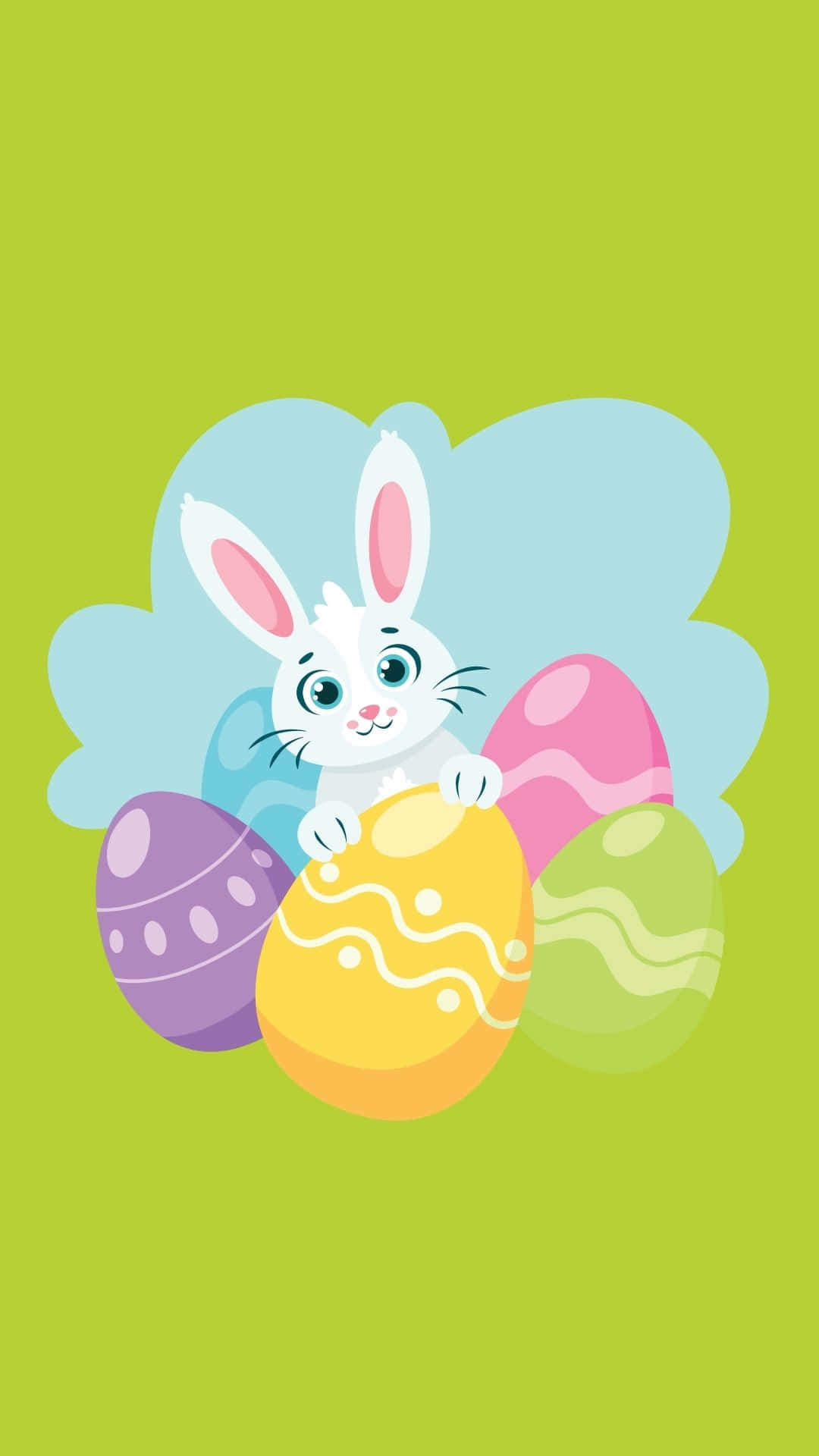 A White Bunny Is Sitting In A Group Of Colored Eggs Wallpaper