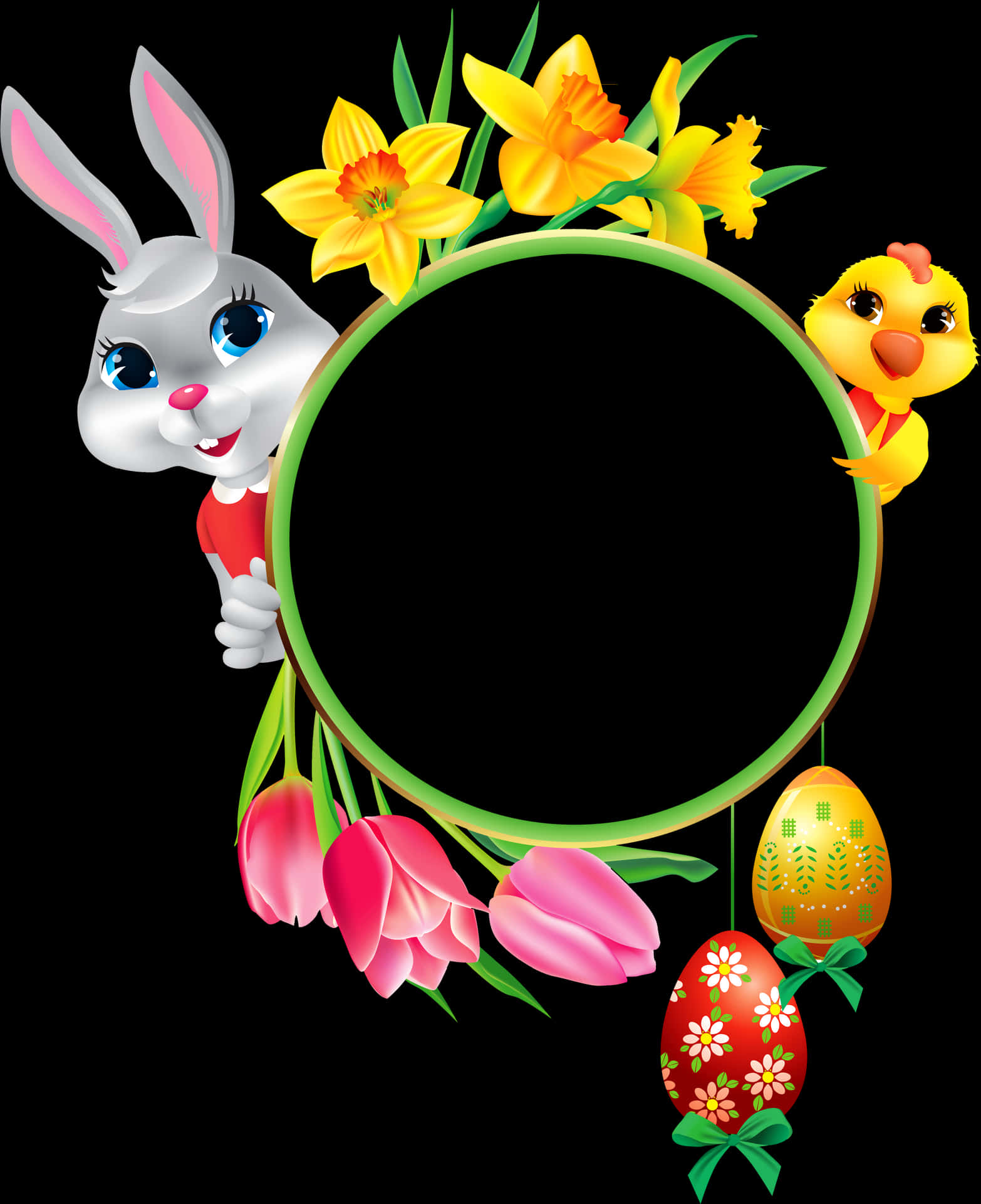 Easter Bunny Framewith Flowersand Chick PNG