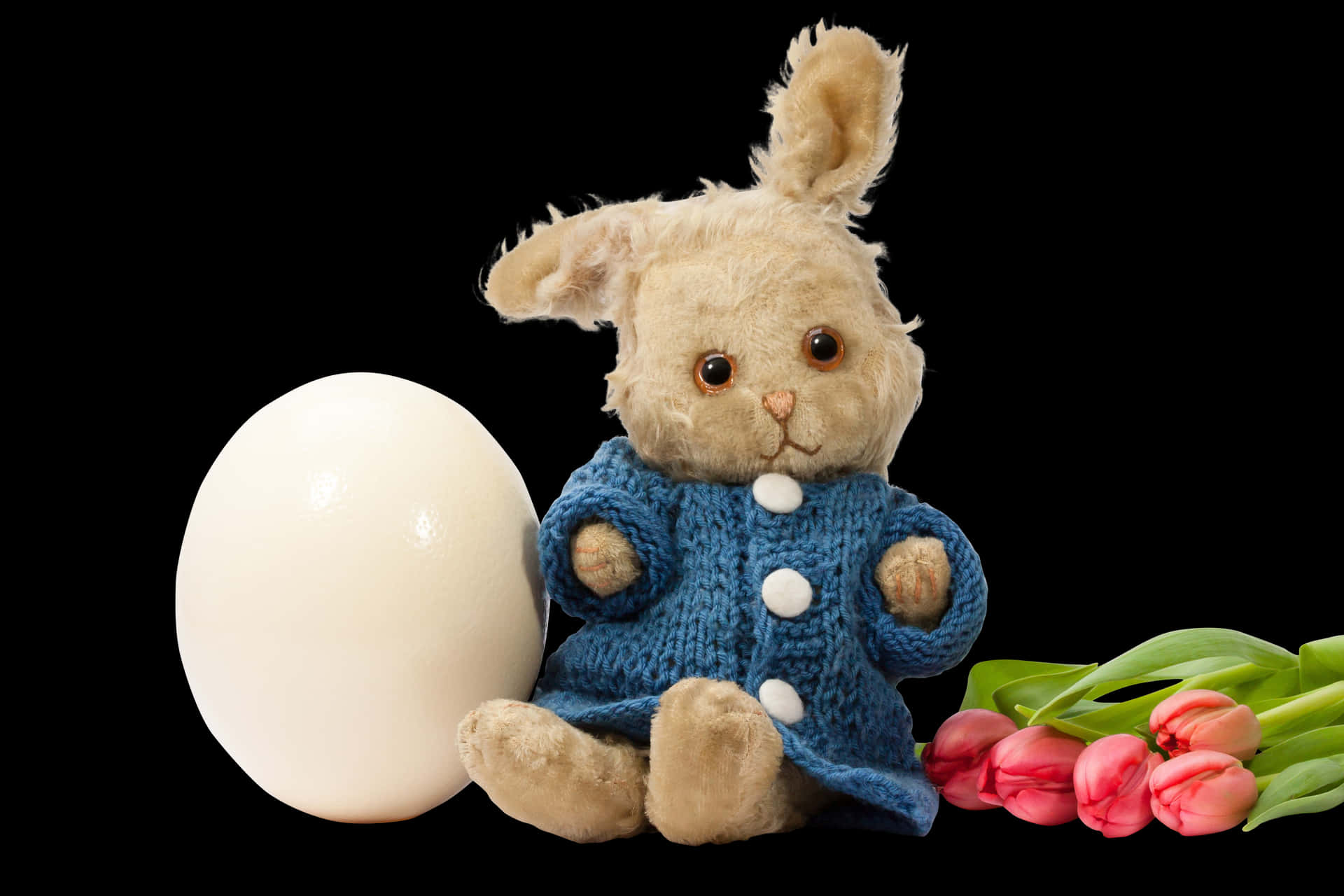 Easter Bunny Plush Toy With Egg And Tulips PNG