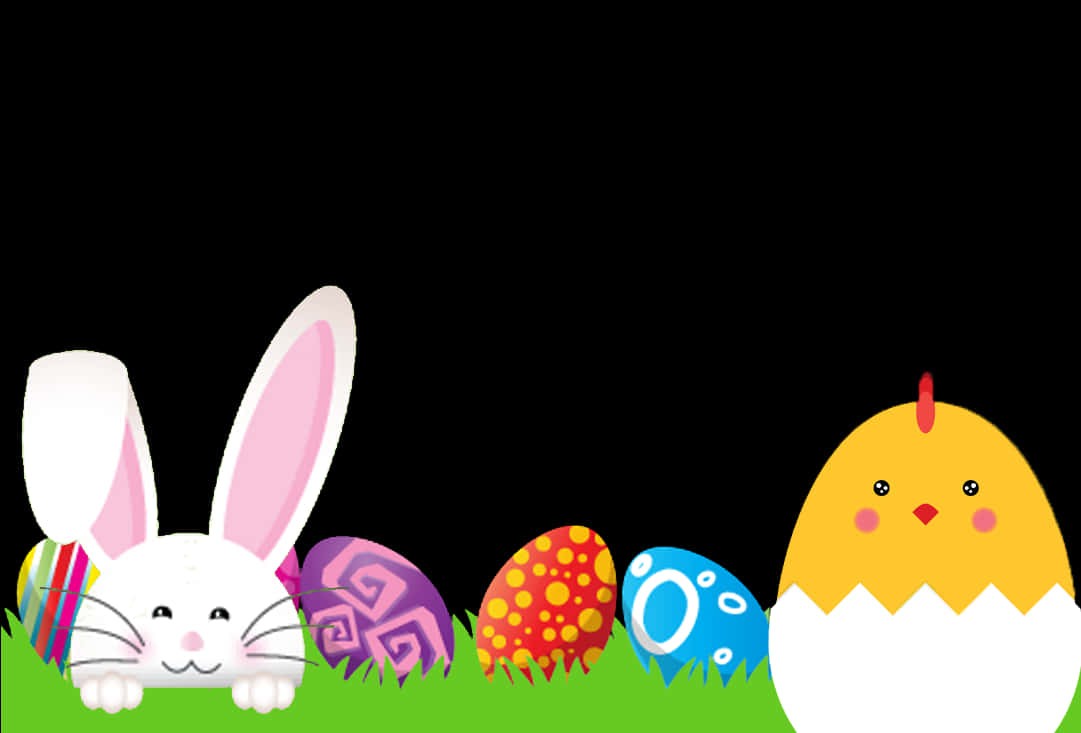 Easter Bunnyand Chickwith Colorful Eggs PNG