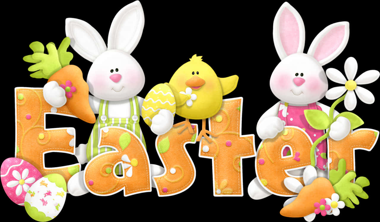 Easter Celebration Cartoon Bunnies Chicks PNG