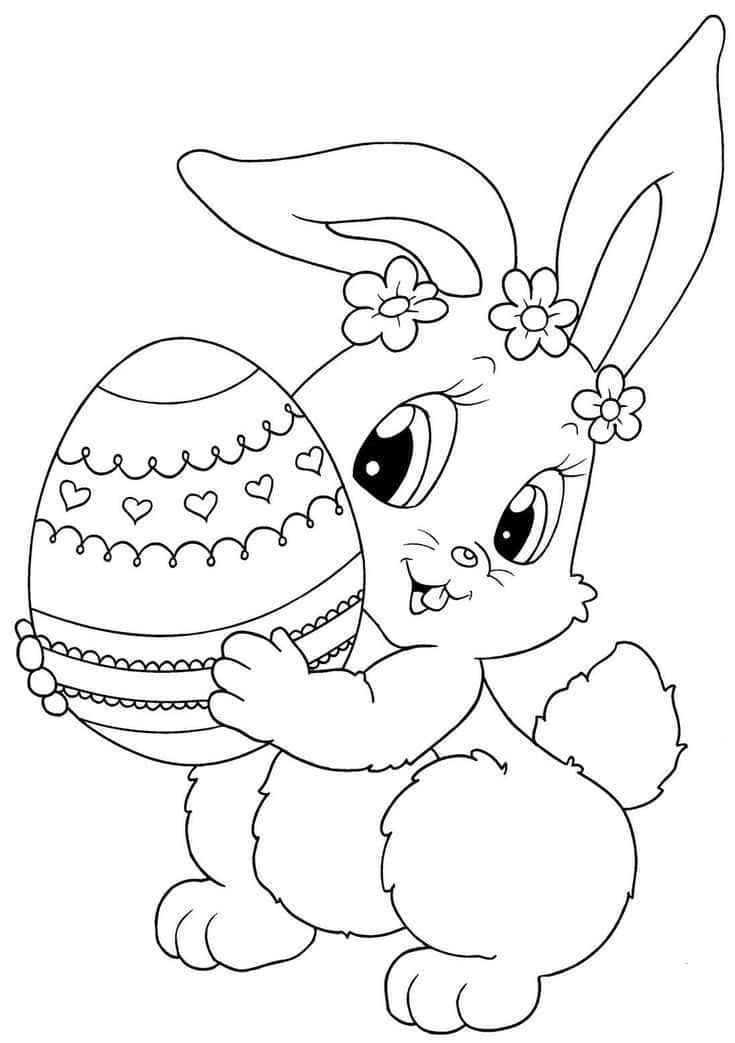Cute Bunny Holding Egg Easter Coloring Picture