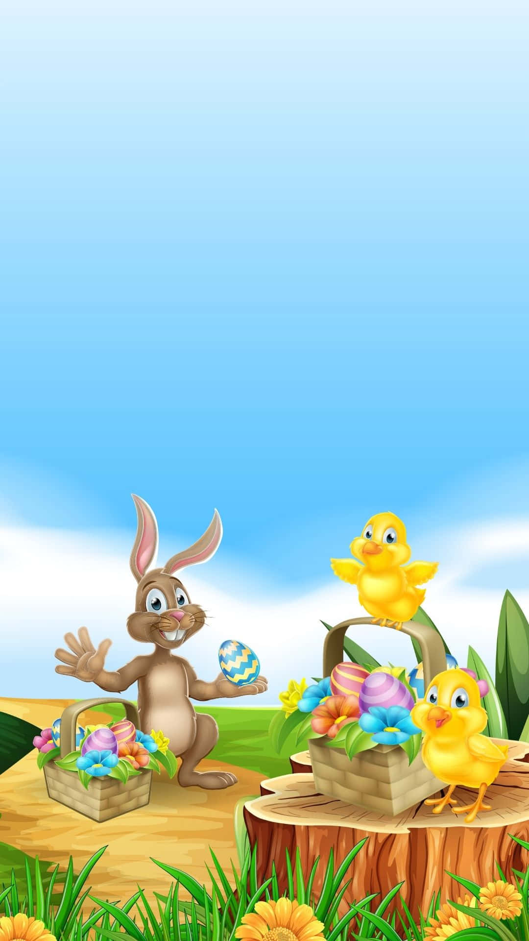 Bunny And Chicks With Easter Egg Basket Background