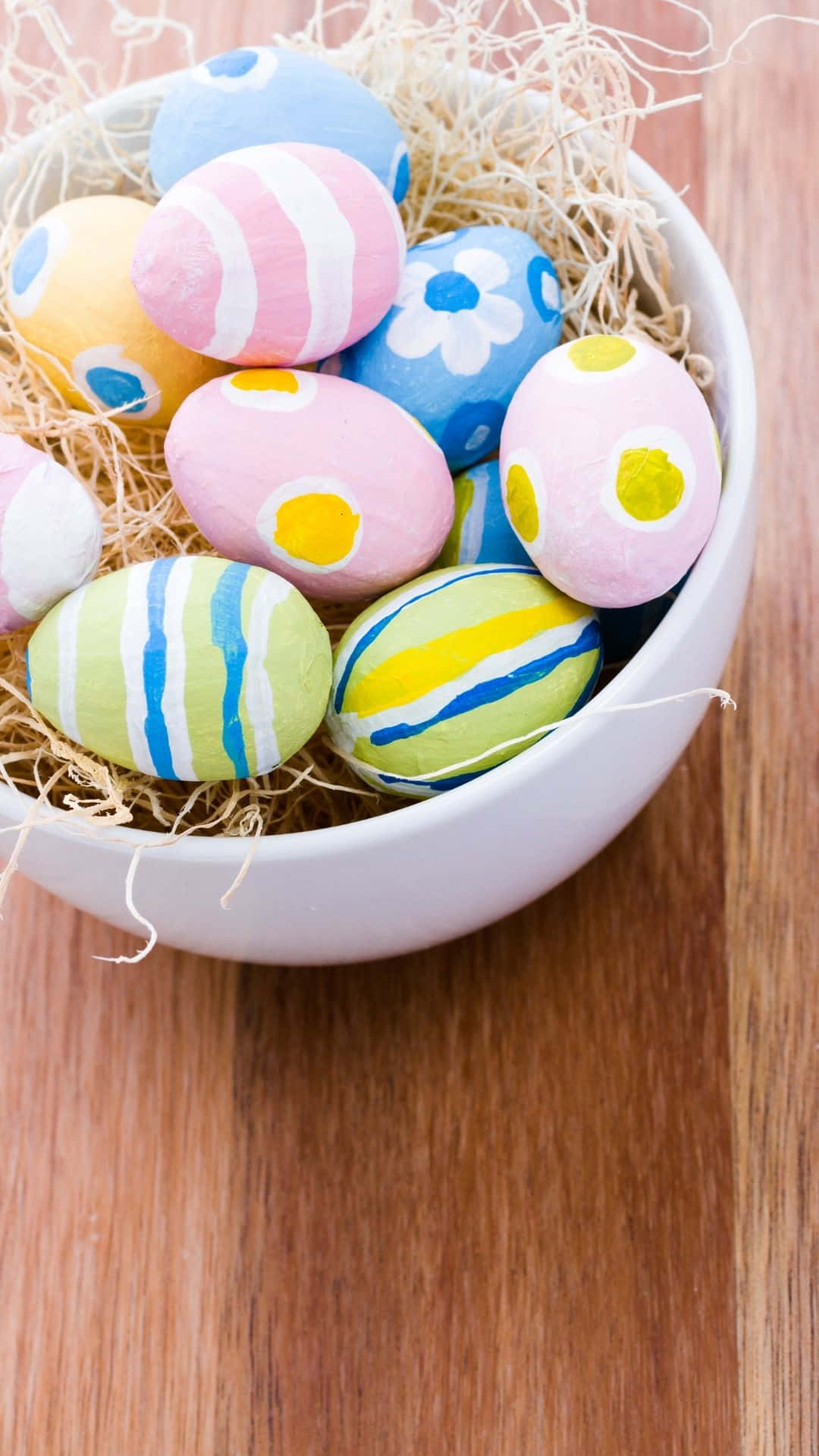 Decorated Easter Eggs On Bowl Background