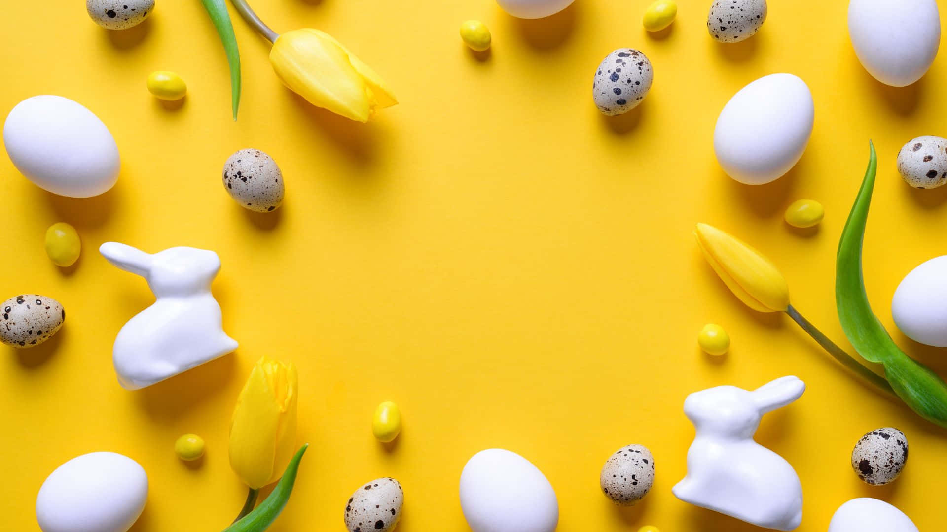 Yellow Surface With Easter Eggs Background