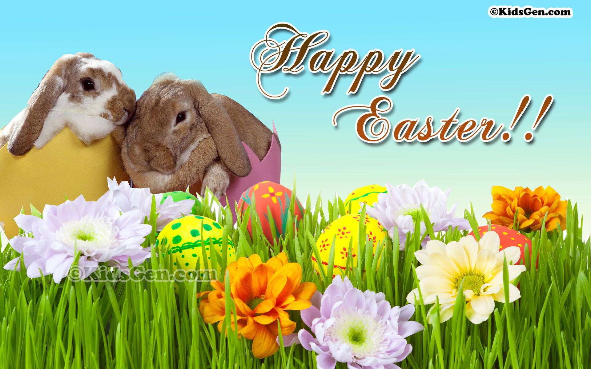 Celebrate Easter with a Colorful Rabbit and Egg Themed Festivity Wallpaper