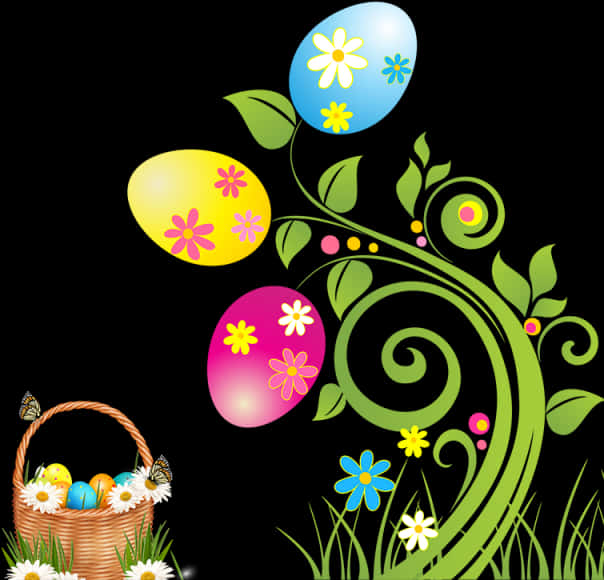 Easter Eggs Floral Design Basket Illustration PNG