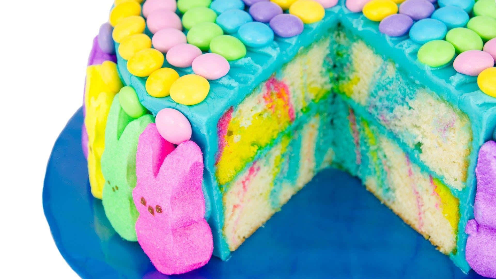 Easter Peeps Cakewith Rainbow Layersand Candy Toppings Wallpaper