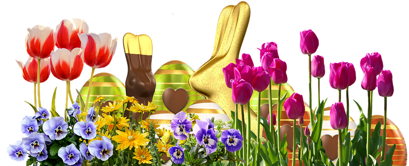 Easter Spring Floral Arrangementwith Chocolate Bunny PNG
