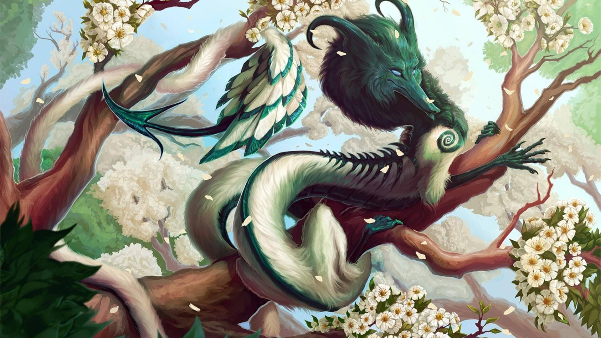 Caption: Majestic Eastern Dragon Perched on an Ancient Tree Wallpaper