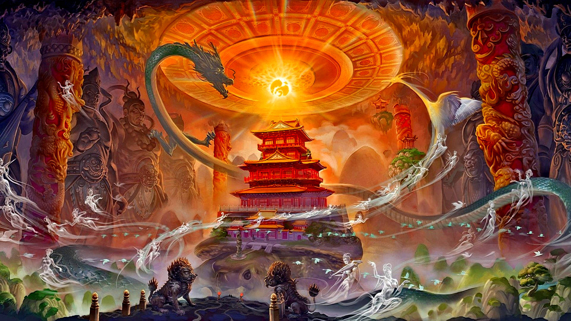 Eastern Dragon Pagoda Wallpaper