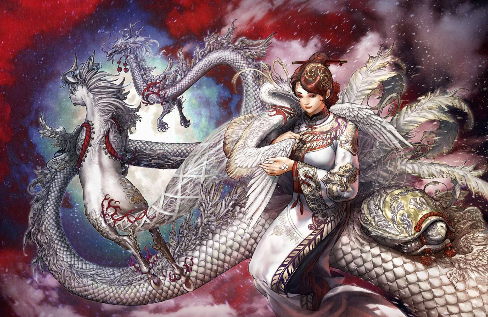 Eastern Dragon With Chinese Girl Wallpaper