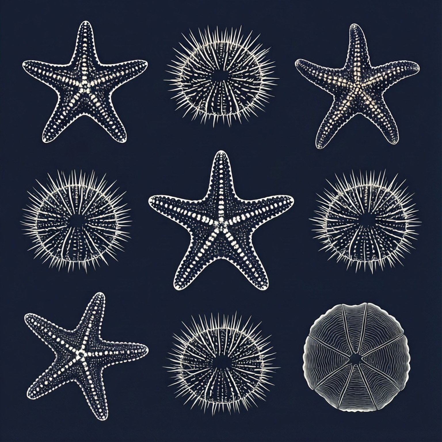 Minimalistisk vektormønster af echinodermer på marineblå baggrund.