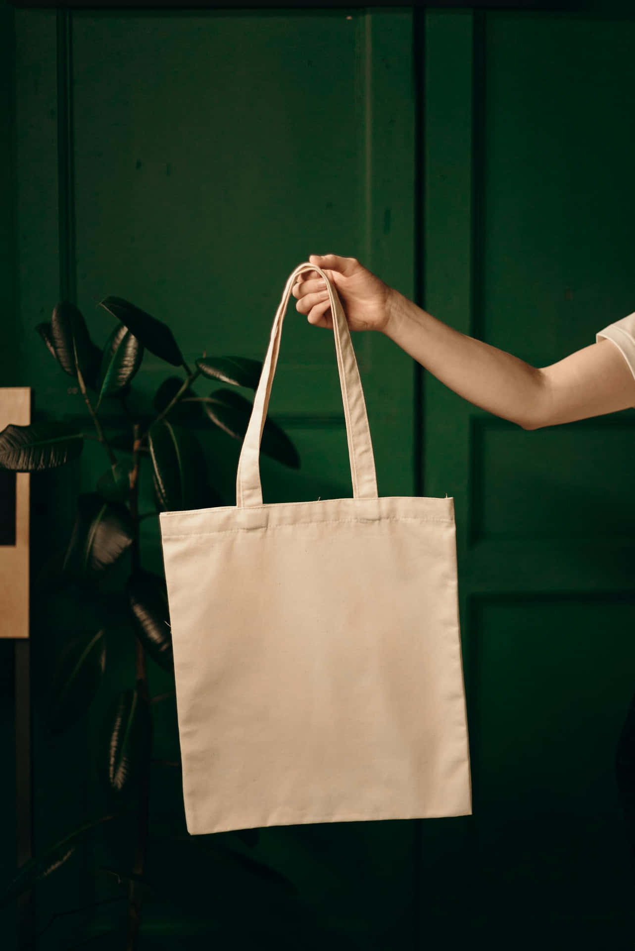 Eco Friendly Tote Bag Held Against Green Background Wallpaper