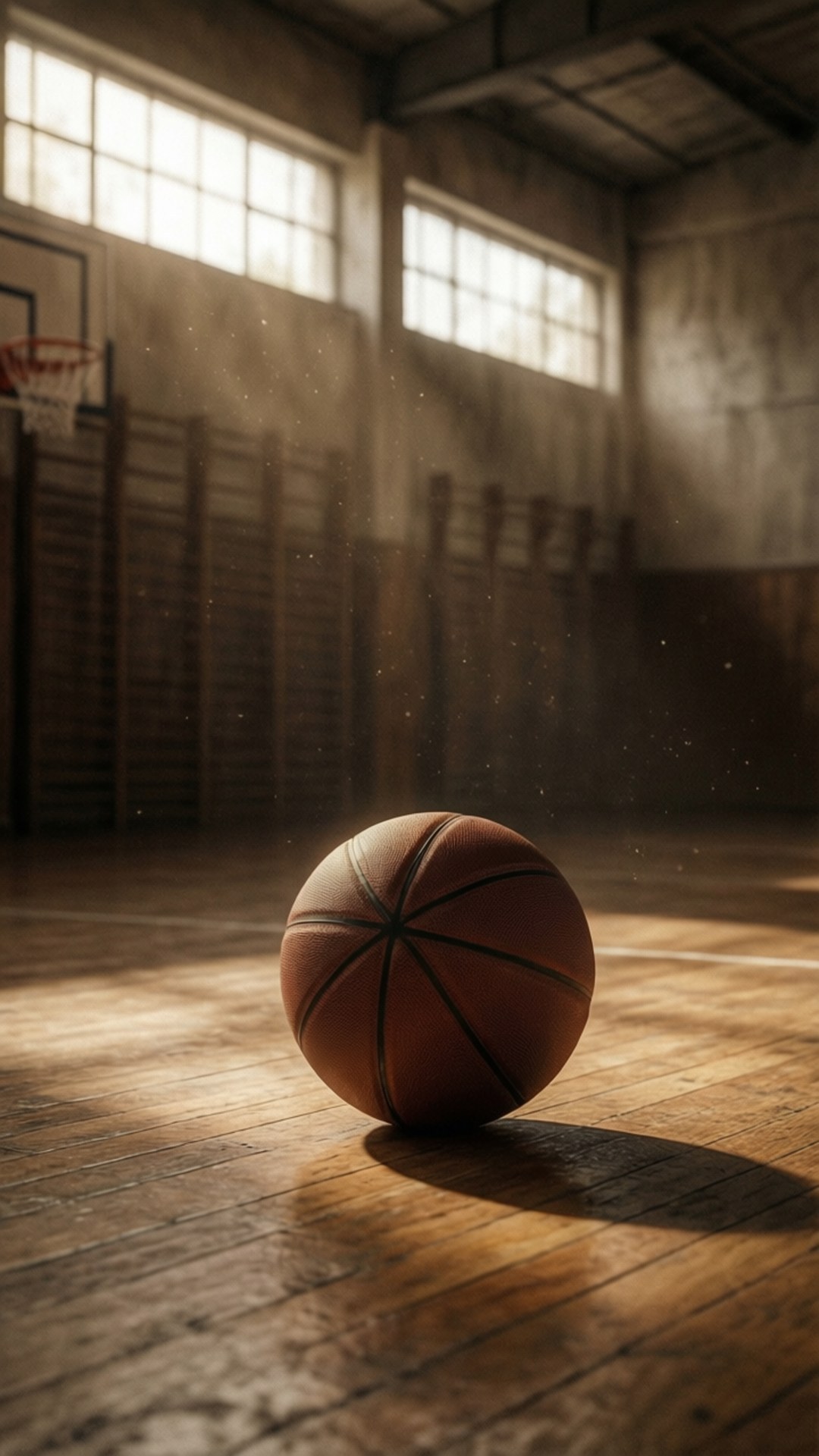 Gymnasium Echoes Wallpaper — A basketball rests on a sunlit wooden gym floor with dust motes dancing in beams from high windows.