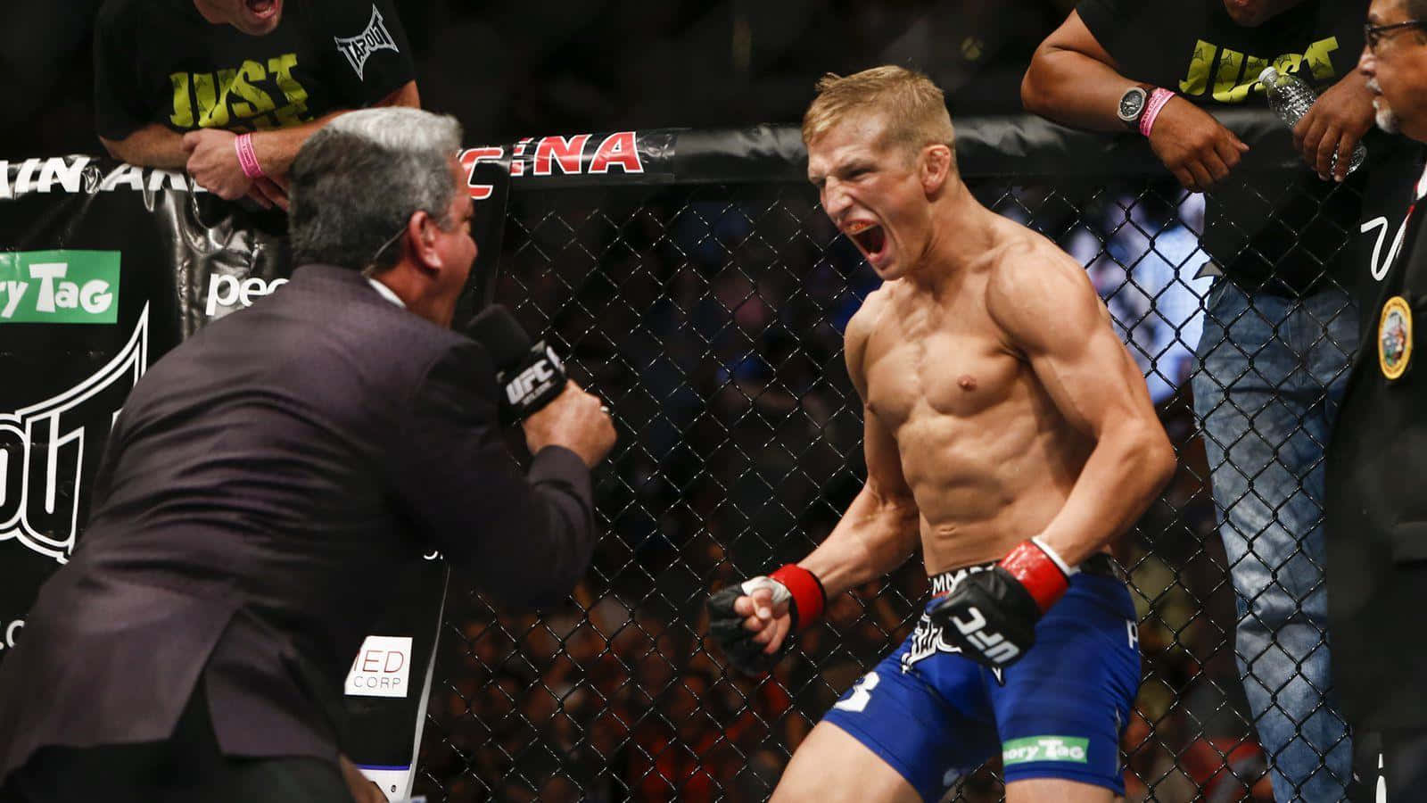 Ecstatic Tj Dillashaw And Announcer Wallpaper