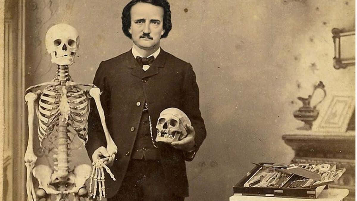 Edgar_ Allan_ Poe_with_ Skeleton_and_ Skull Wallpaper