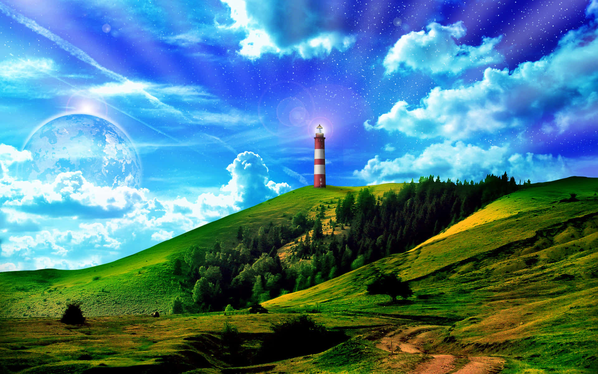 Leuchtturmfantasy-kunst Hintergrund Für Bearbeitungen