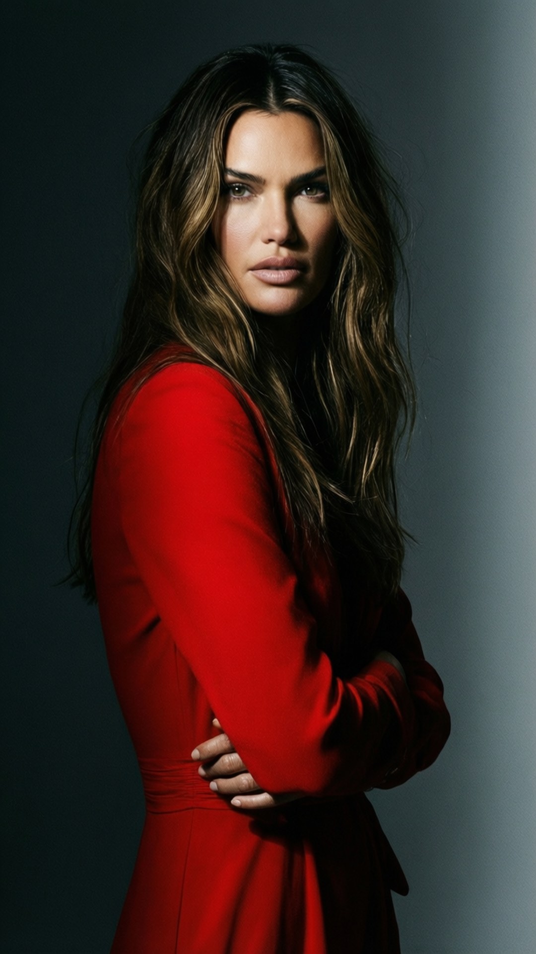 Alessandra Ambrosio in a red dress, dramatic studio lighting.