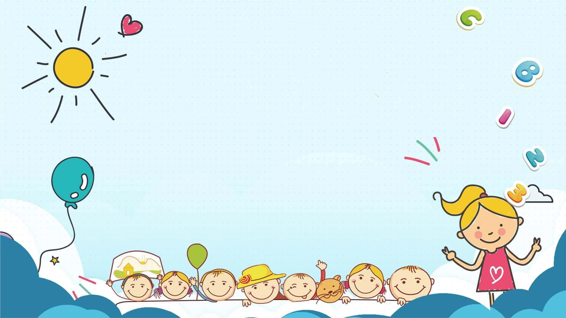 A Cartoon Of A Girl With Balloons And Children