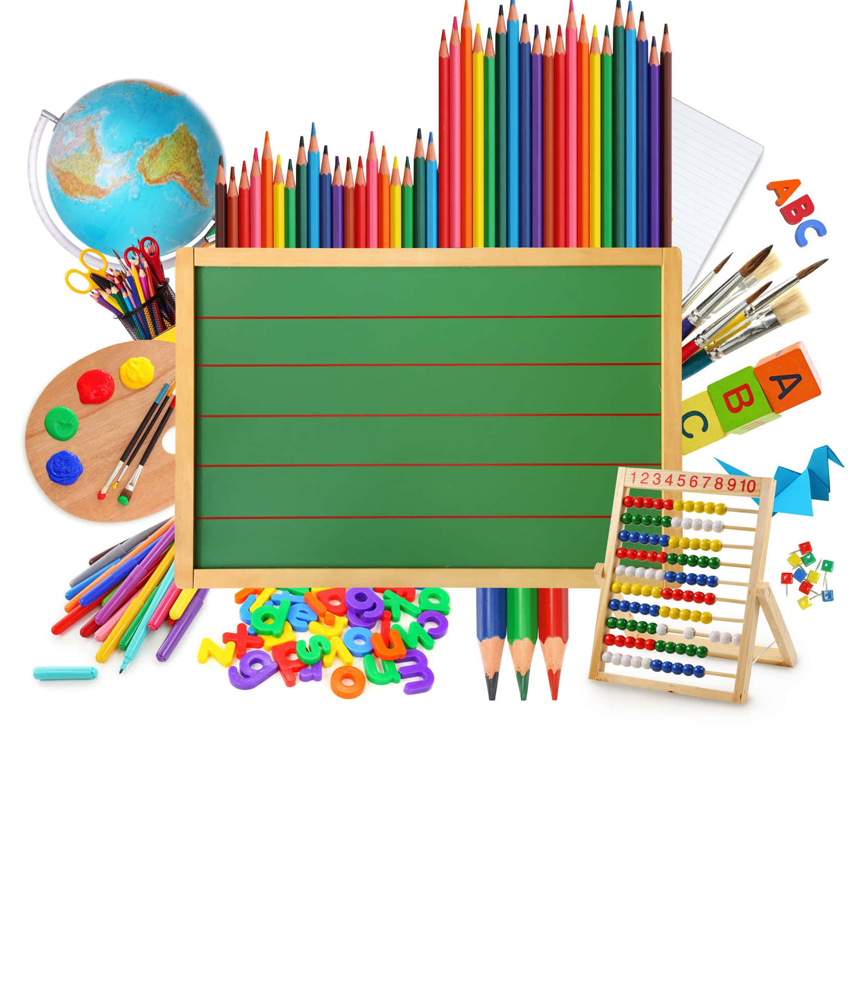 A School Supplies And Pencils On A White Background