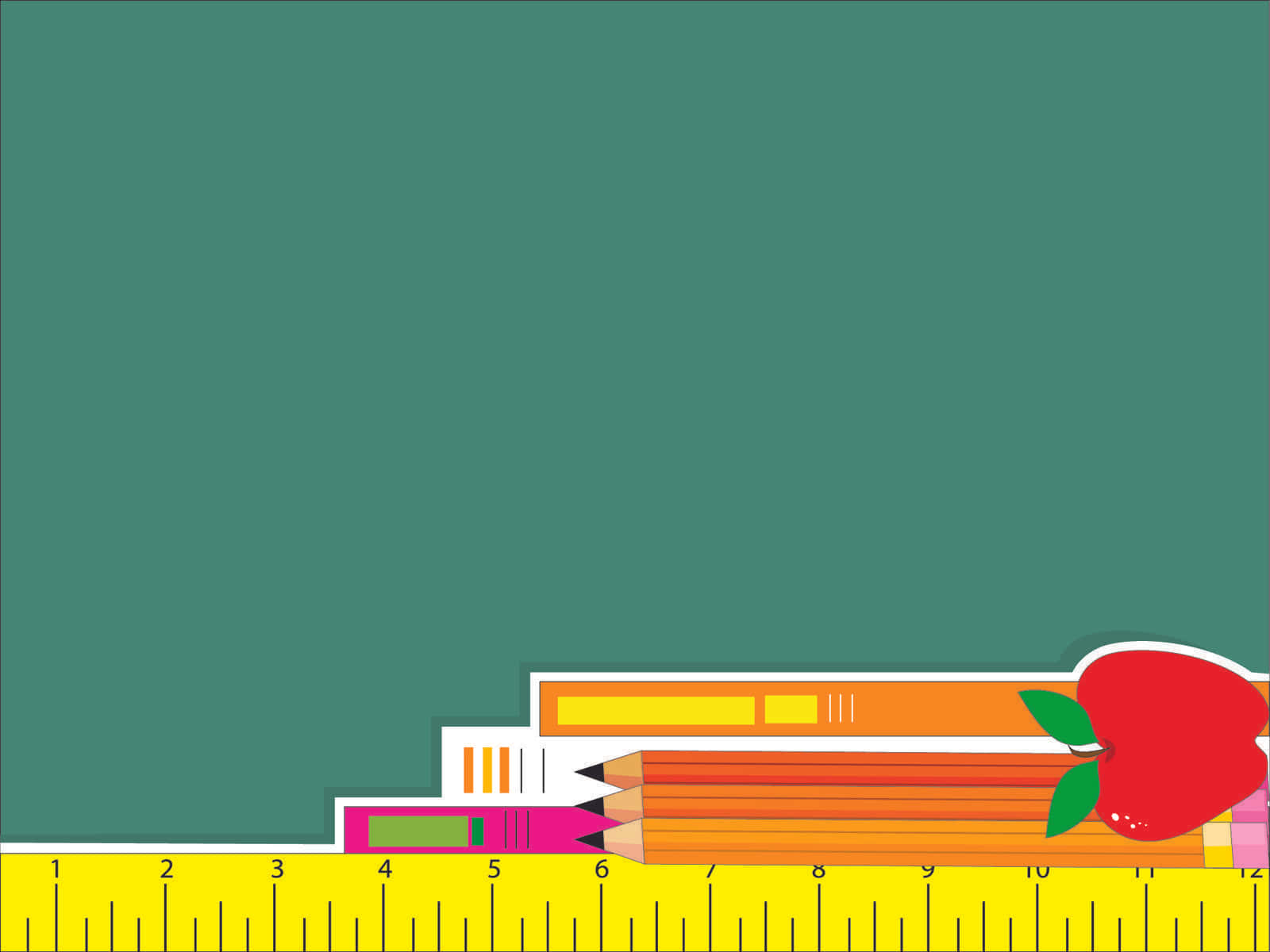 A Ruler, Pencils, And An Apple On A Green Background