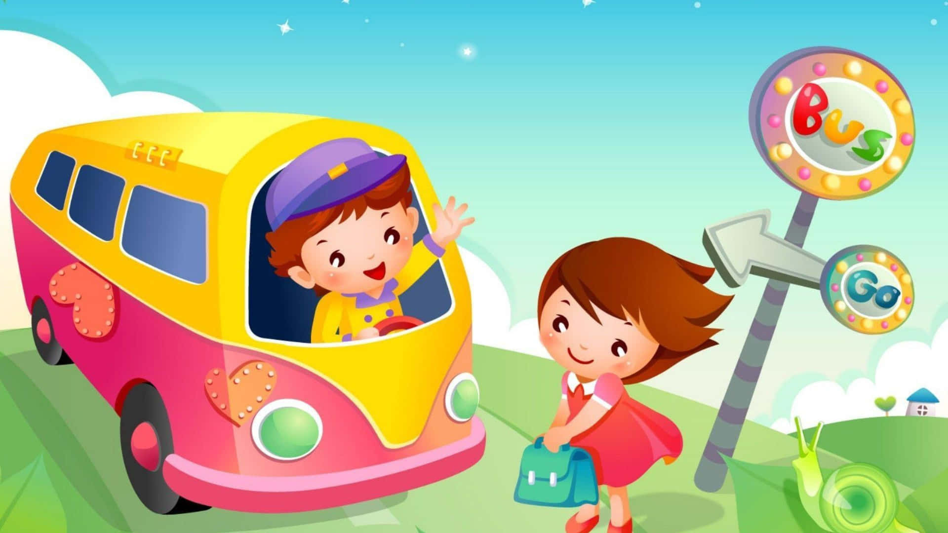 A Cartoon Girl And Boy Standing Next To A Bus