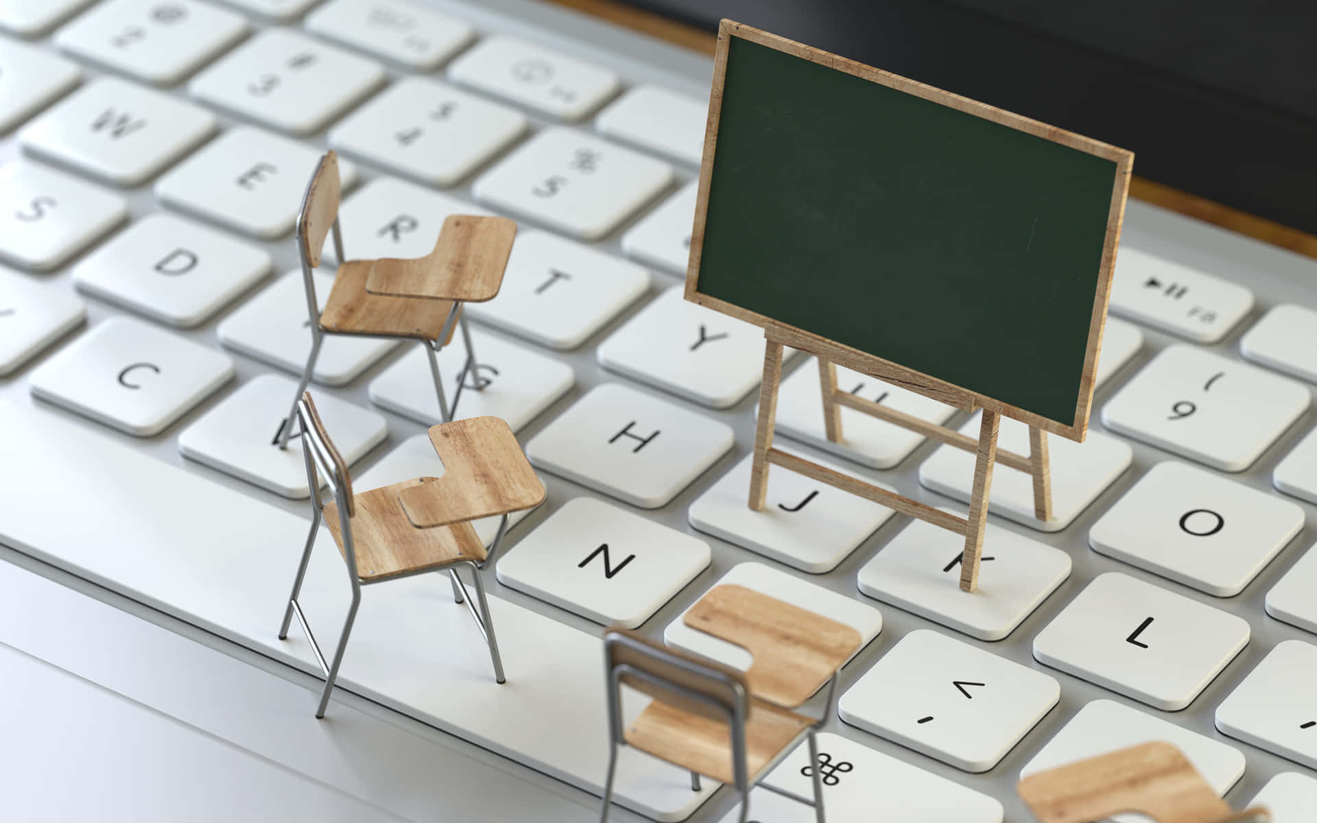 A Keyboard With Chairs And A Blackboard