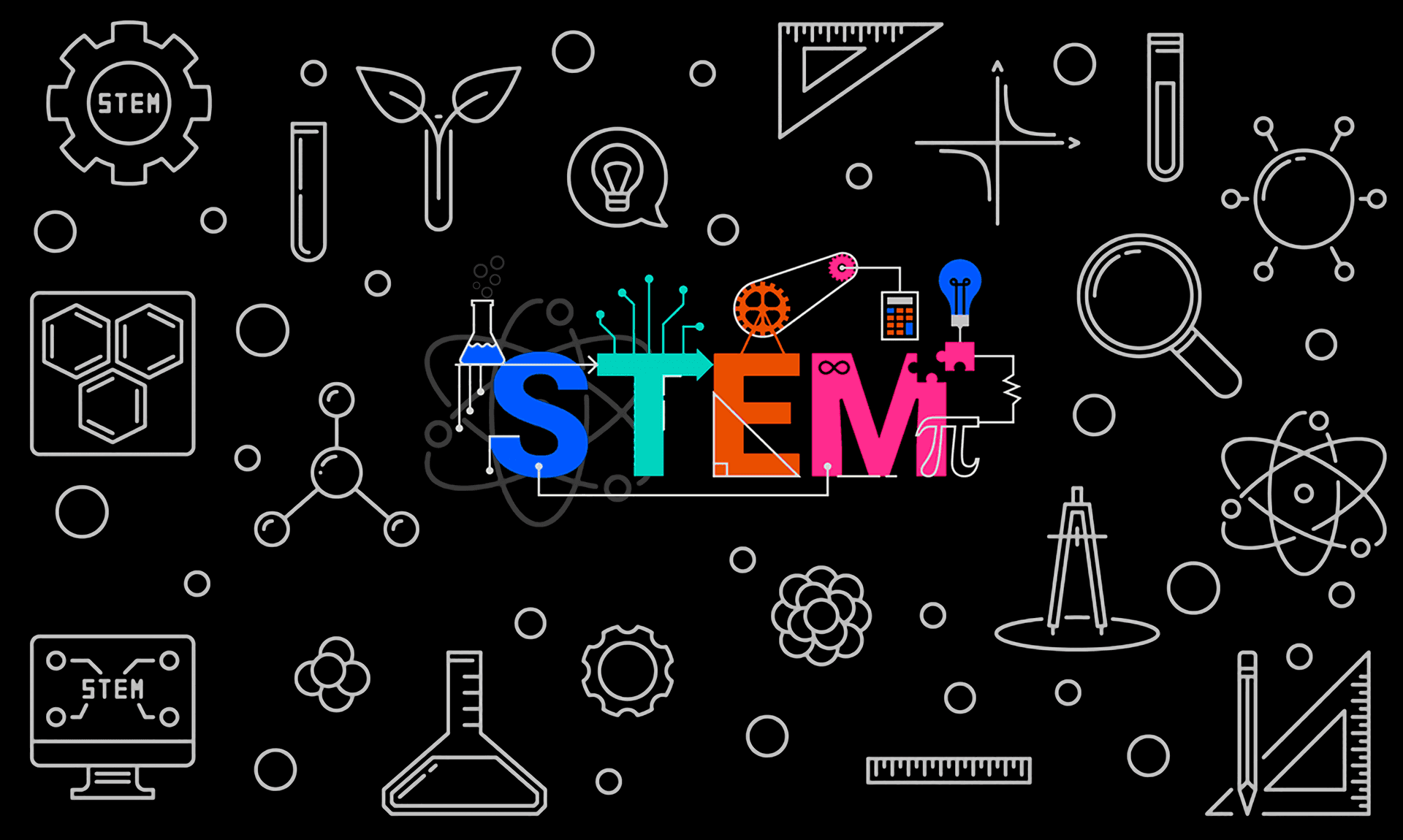 Stem Science Icons On A Black Background